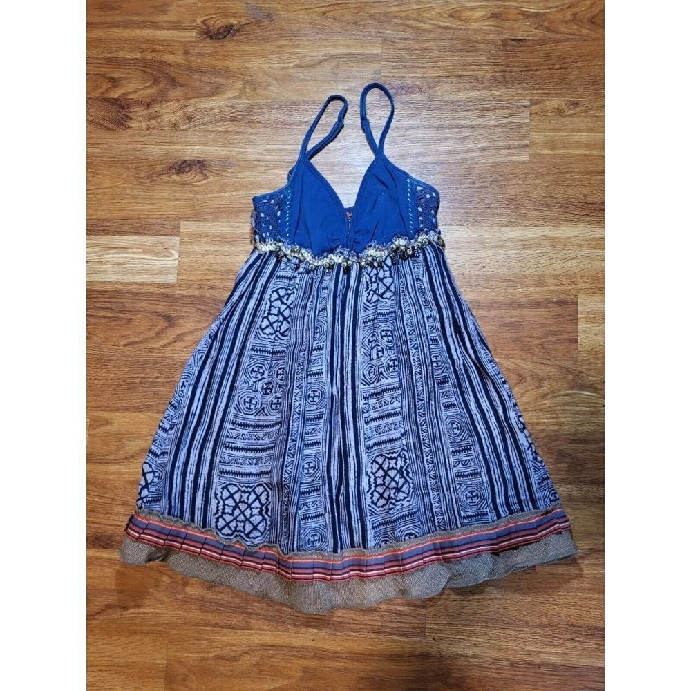 Free People Blue Empire Waist Boho Beaded Crochet Mini Dress‎ Size 4